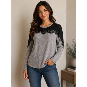 Jolt Womens XL Grey Heathered Knit Top Black Lace Shoulder Detail Long Sleeve